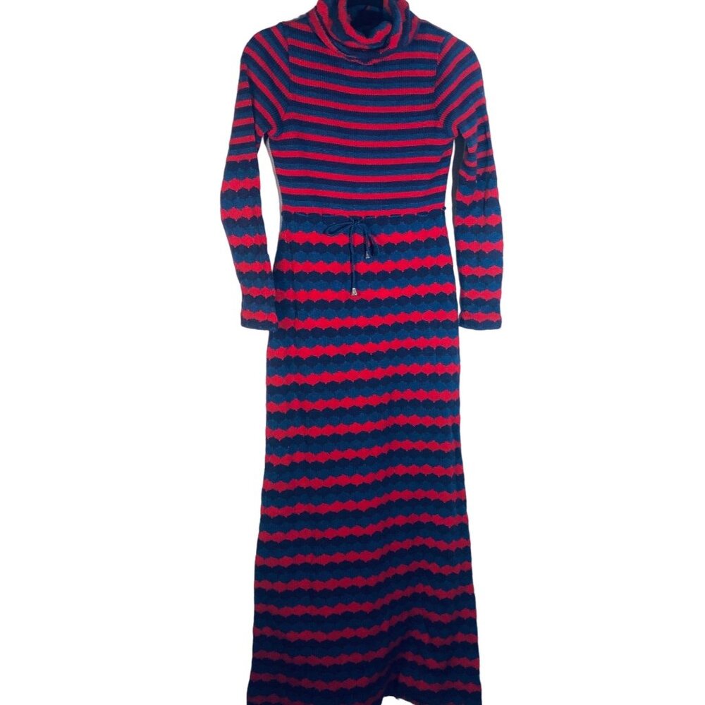 Knit long sleeve maxi turtle neck dress zip up striped red purple size 10 READ